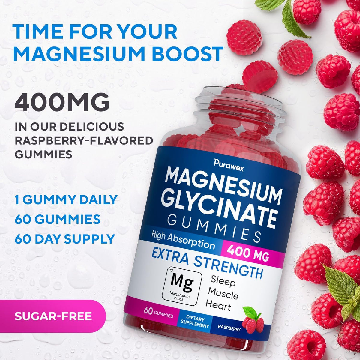 Magnesium Glycinate Gummies 400mg, High Absorption Magnesium Supplement for Adults and Kids, Supports Body, Gelatin Free, Vegan Friendly, Non GMO, 60 Day Supply - 60 Raspberry Gummies